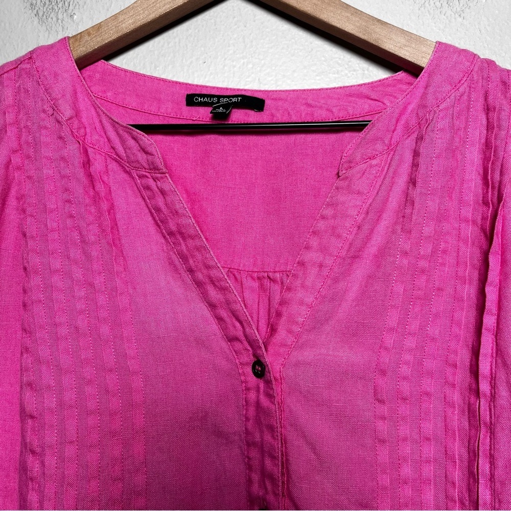 Chaus Sport Women 100% Linen Top XL Hot Pink Button Front Coastal Roll Tab Beach - Picture 3 of 8